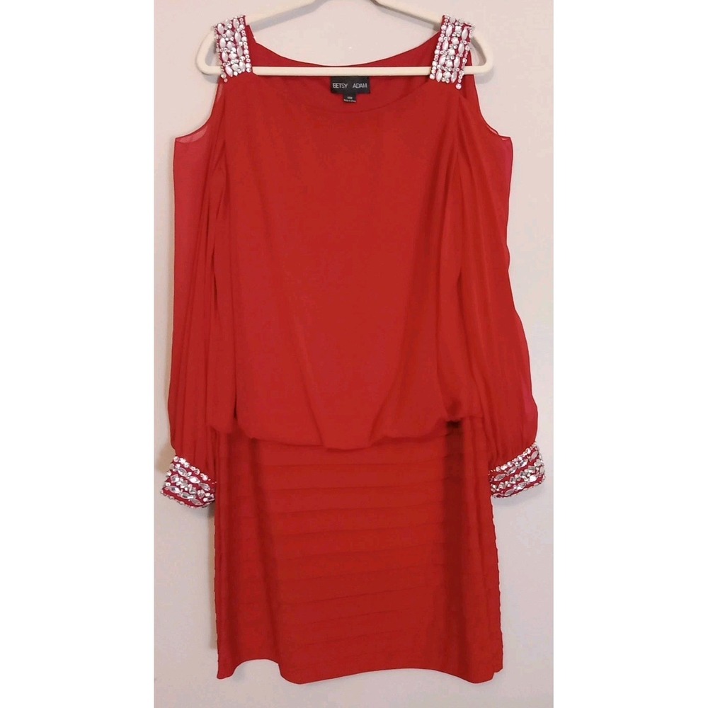 Betsy Adam Red Embellished Strap Sleeve Cold Shoulder Drop Waist Dress Size 14W